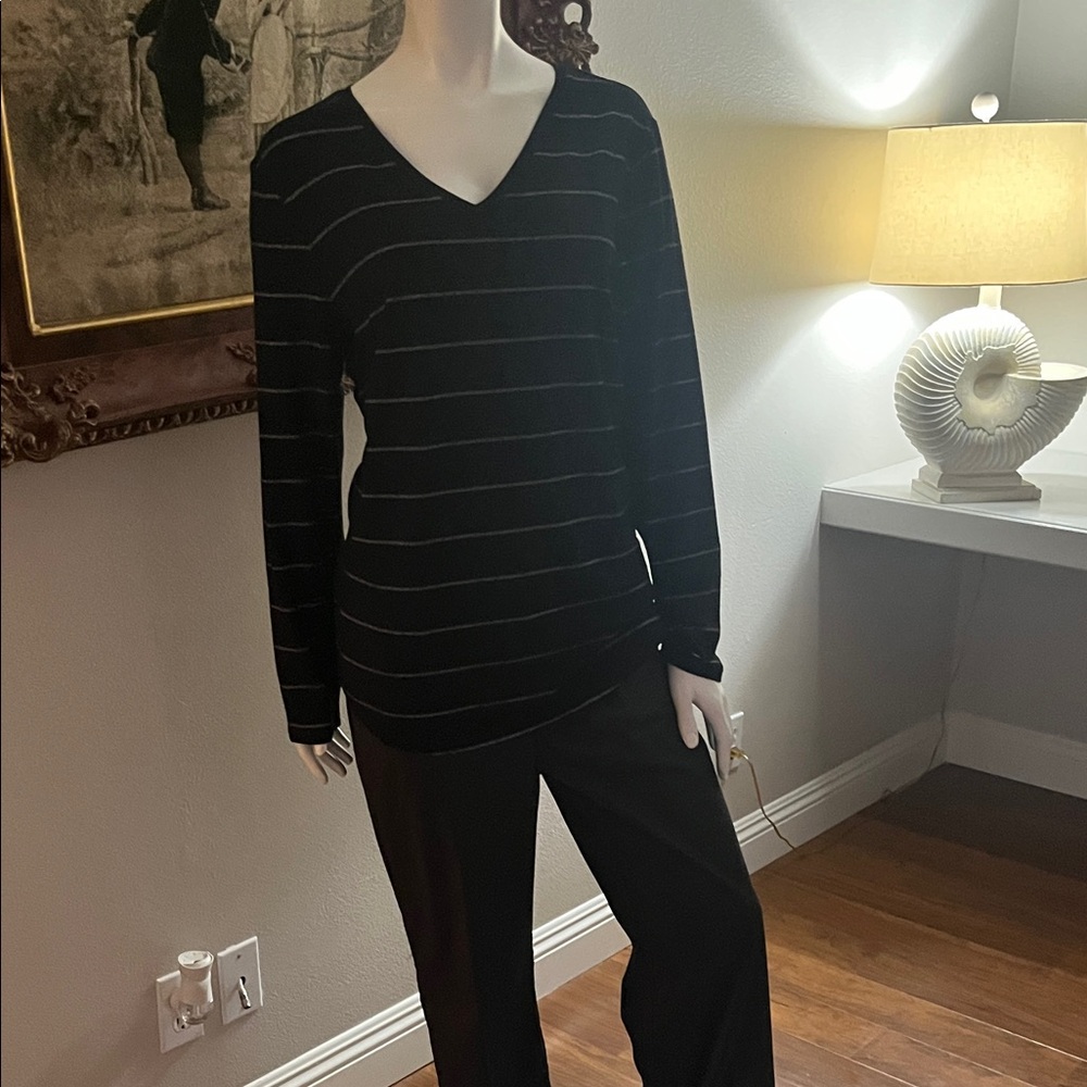 Chico's Black and Gray Striped Sweater